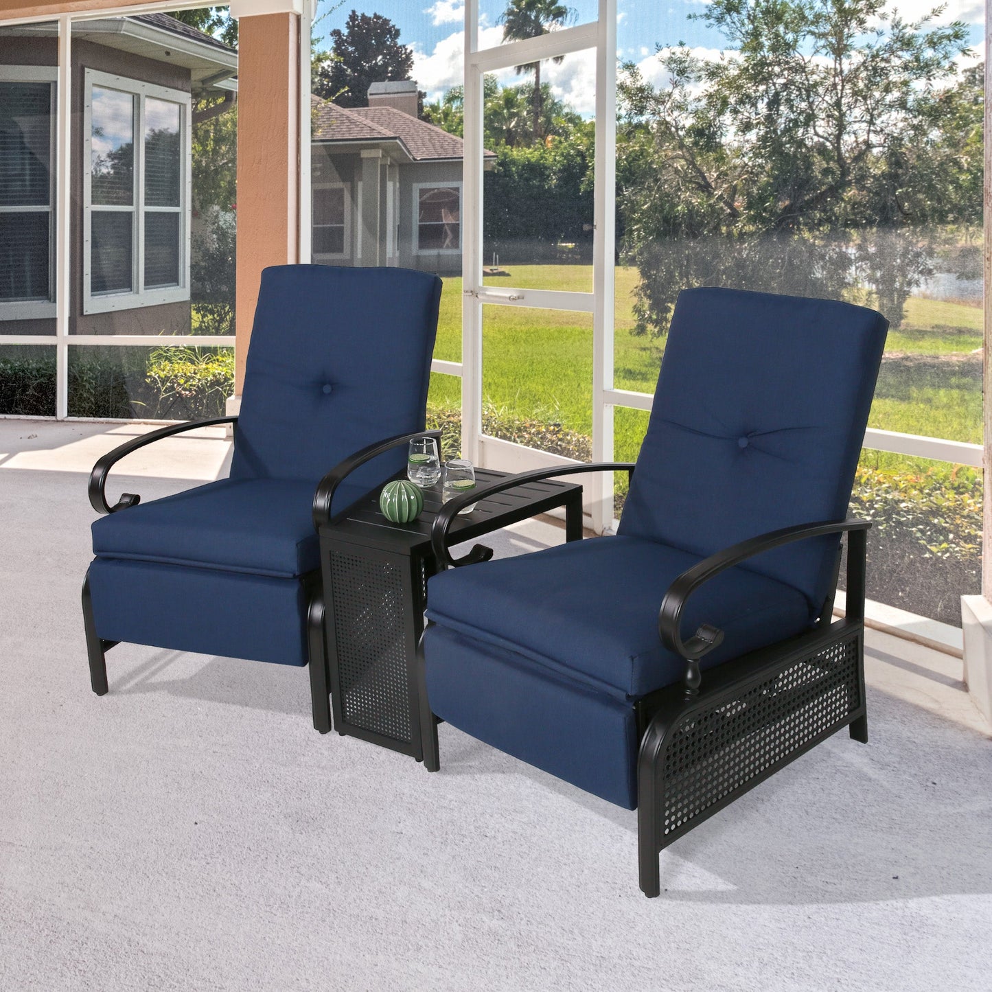 3 Pieces Outdoor /Indoor Recliner Set and Steel Side Table, Patio Furniture set Conversation Set with 2 Adjustable Reclining Lounge Chairs and Olefin Cushions（Navy）