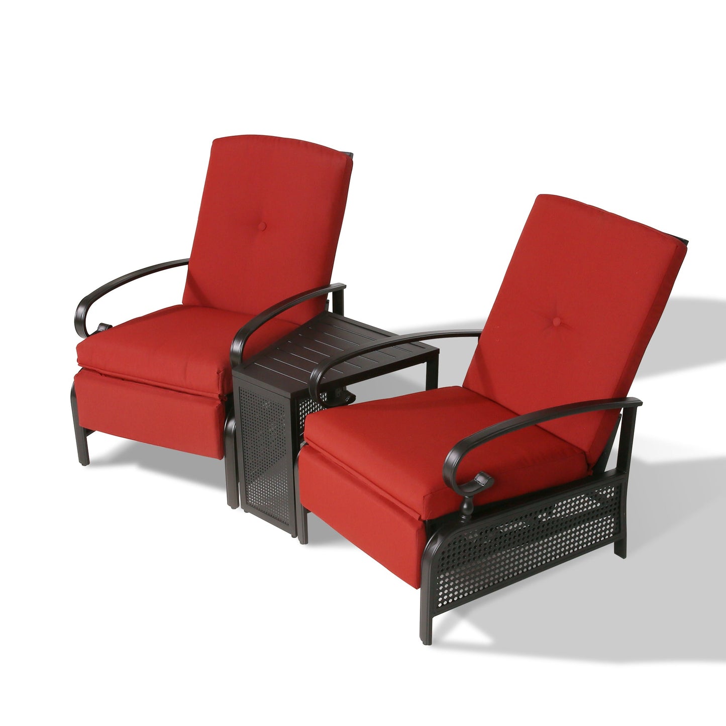 3 Pieces Outdoor /Indoor Recliner Set and Steel Side Table, Patio Furniture set Conversation Set with 2 Adjustable Reclining Lounge Chairs and Olefin Cushions（Red）