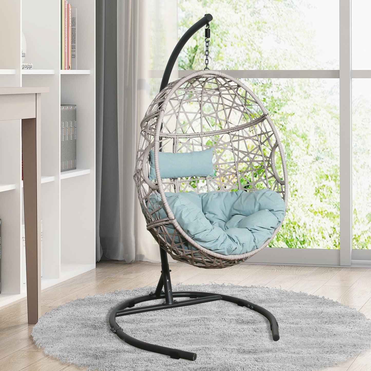 Outdoor Patio Wicker Hanging Basket Swing Chair Tear Drop Egg Chair with Cushion and Stand (Blue)