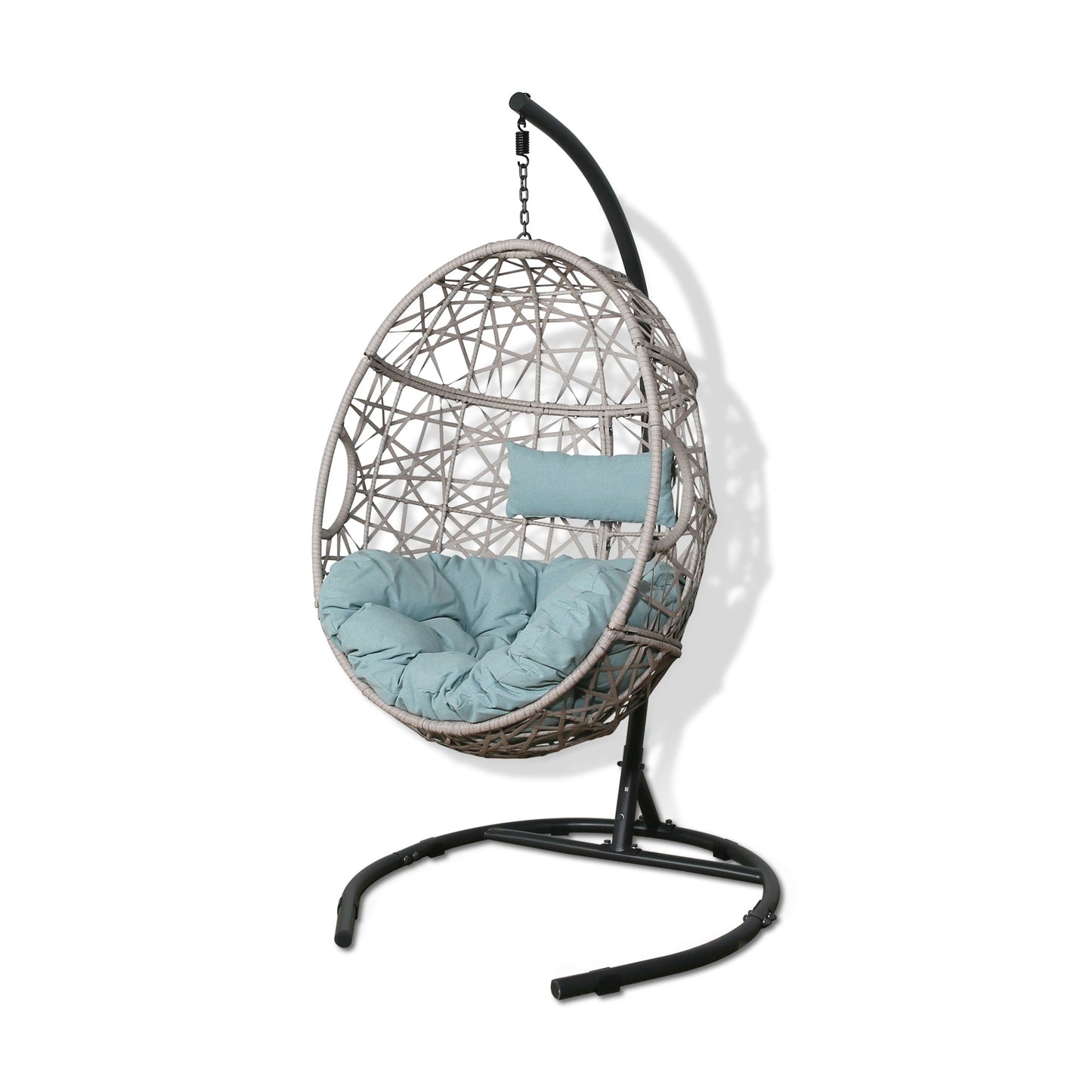 Outdoor Patio Wicker Hanging Basket Swing Chair Tear Drop Egg Chair with Cushion and Stand (Blue)