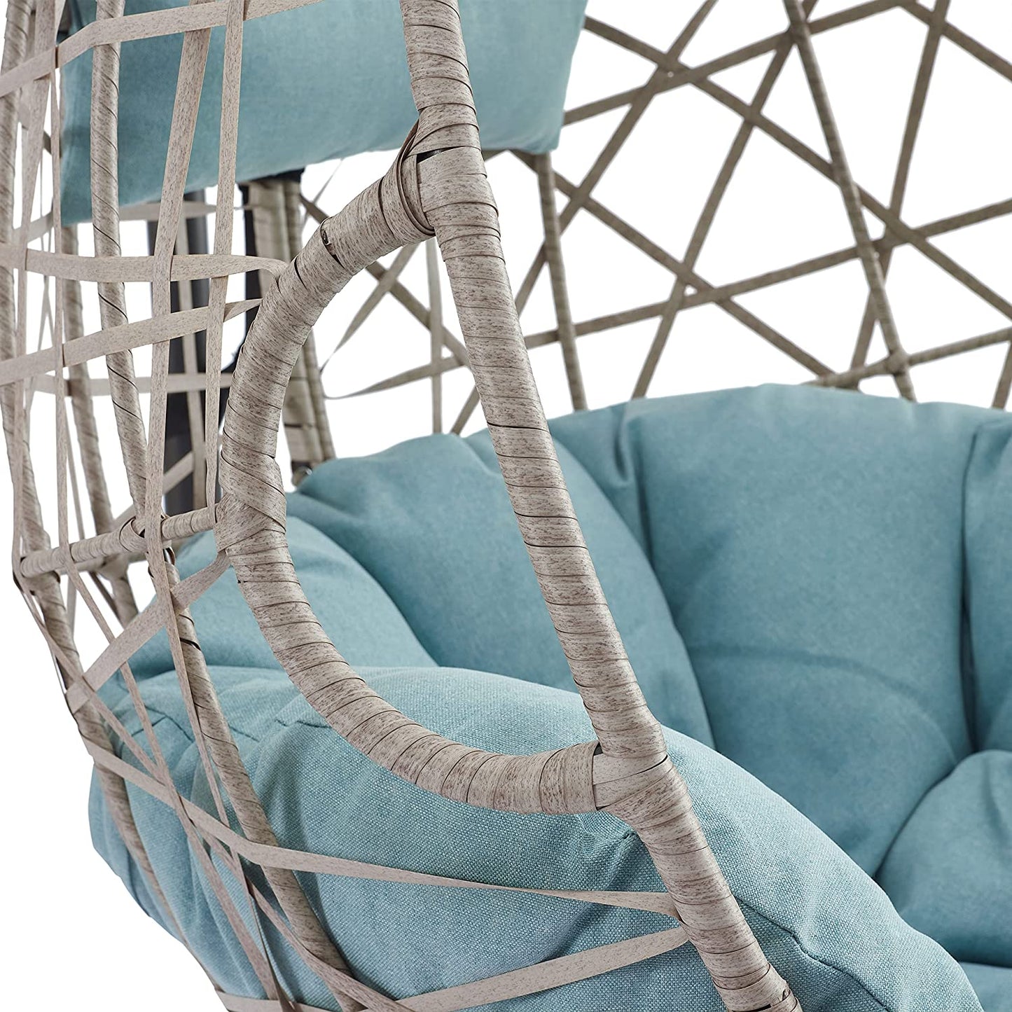 Outdoor Patio Wicker Hanging Basket Swing Chair Tear Drop Egg Chair with Cushion and Stand (Blue)