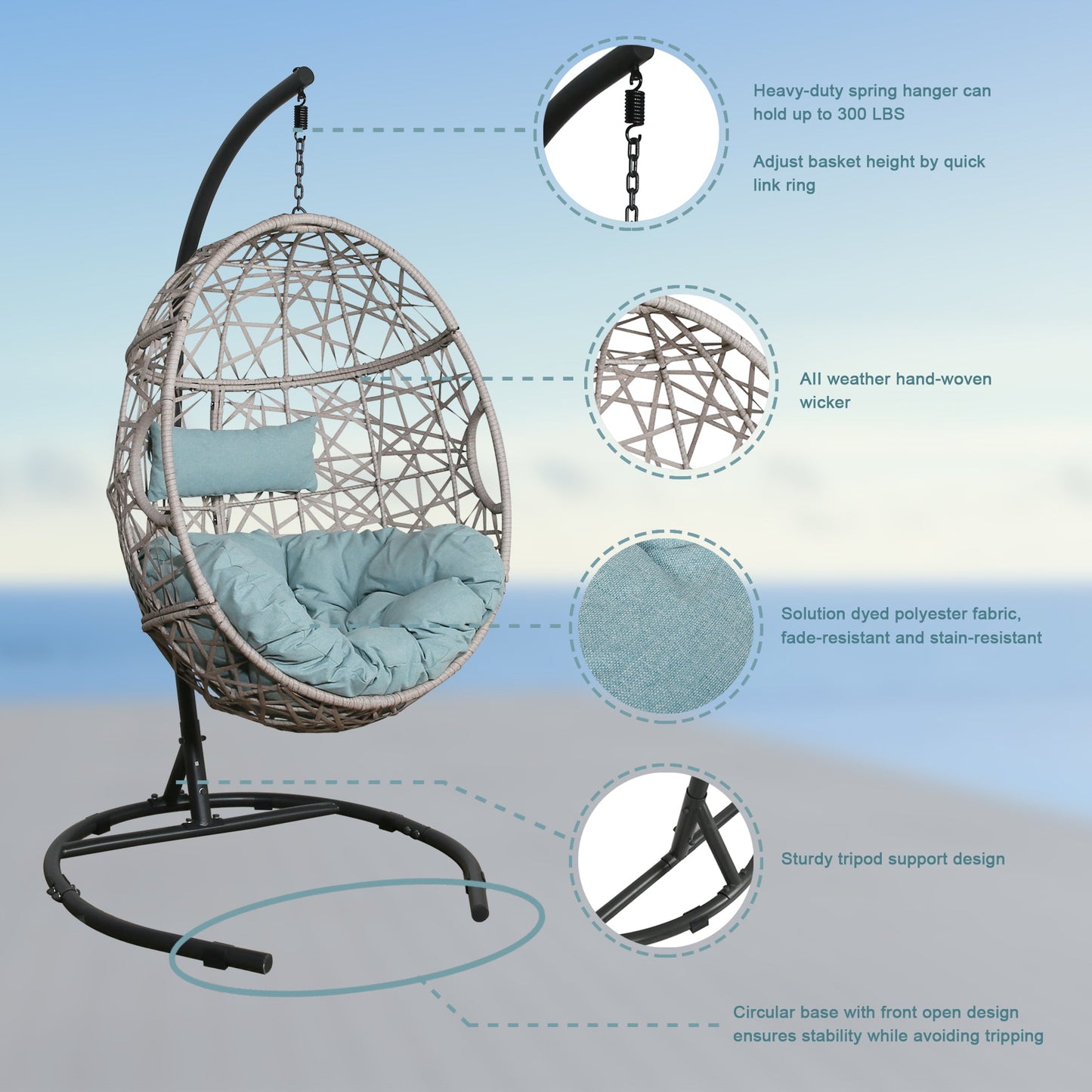 Outdoor Patio Wicker Hanging Basket Swing Chair Tear Drop Egg Chair with Cushion and Stand (Blue)