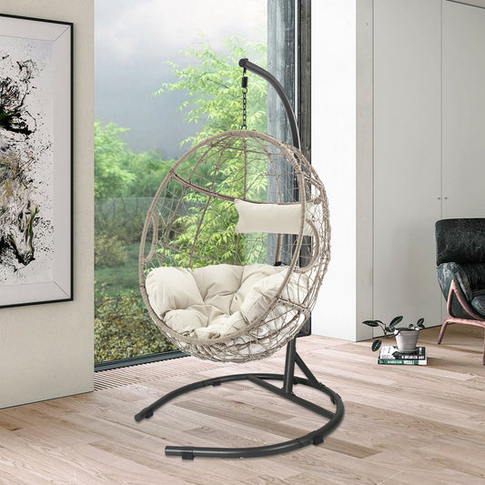 Outdoor Patio Wicker Hanging Basket Swing Chair Tear Drop Egg Chair with Cushion and Stand (Beige)