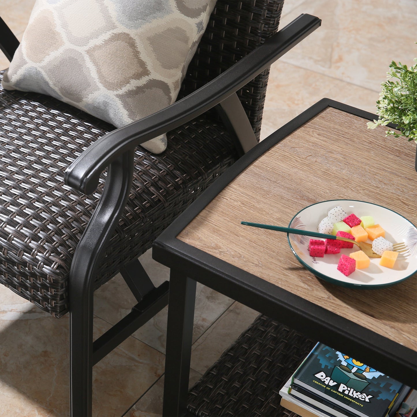 3 Piece Outdoor Wicker Set Patio Wicker Furniture Conversation Bistro Set with Side Table and Wicker Chairs