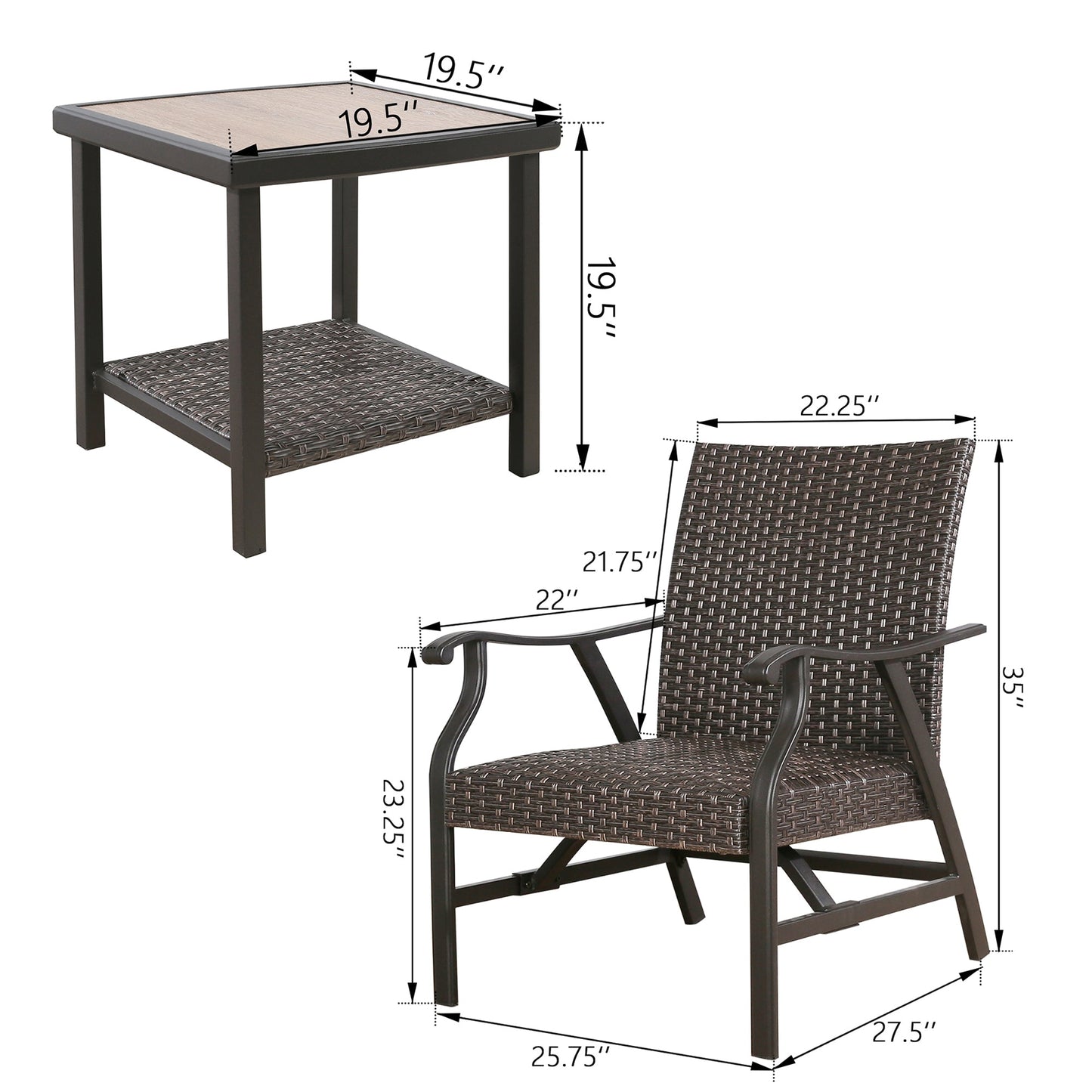 3 Piece Outdoor Wicker Set Patio Wicker Furniture Conversation Bistro Set with Side Table and Wicker Chairs