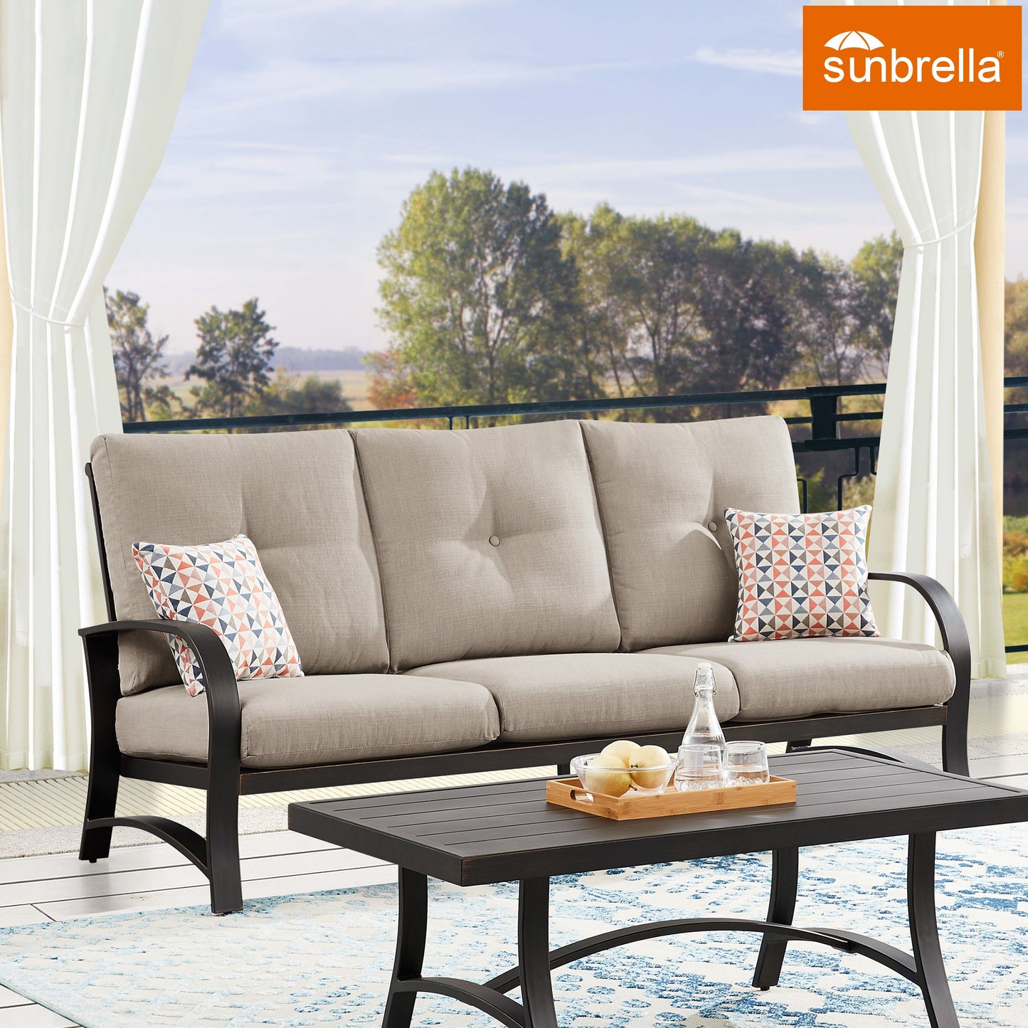 Outdoor/Indoor Aluminum 3-Seater Patio Conversation Sofa with Sunbrella Cushions