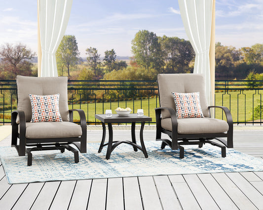 3 Pieces Outdoor/Indoor Aluminum Patio Conversation Set with Motion Rocking Chairs, Sunbrella Cusihons and Side Table