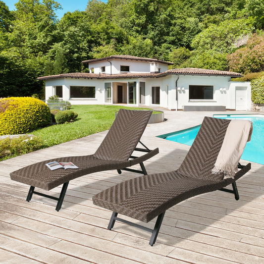 Outdoor 2-Pieces Aluminum Reclining Chaise Lounge Chairs Patio Wicker Adjustable Sun lounger Set with Wheels and Padded with Quick Dry Foam for Poolside Yard Lawn Deck