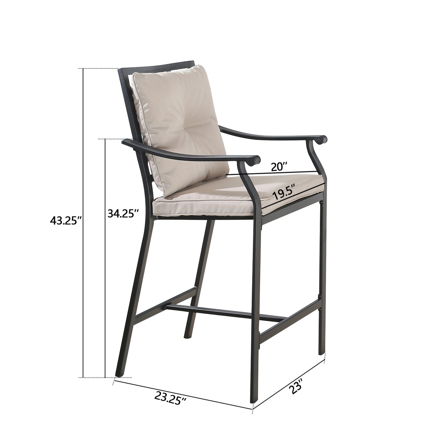 2 Pieces Patio Bar Stools Outdoor Metal Bar Height Bistro Chairs with Beige Seat and Back Cushions