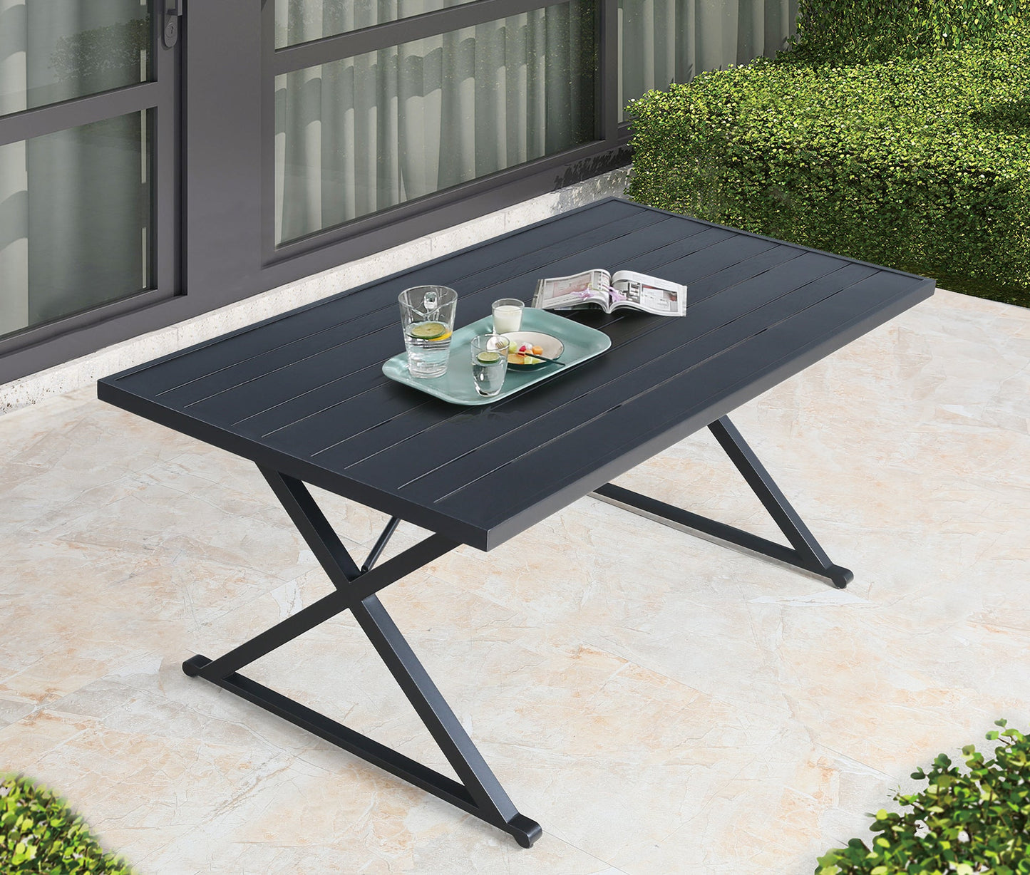 Ulax Furniture Rectangular Patio Metal Dining Table with Steel Slatted Wooden Textured Tabletop, Cross Legs and 1.57” Umbrella Hole