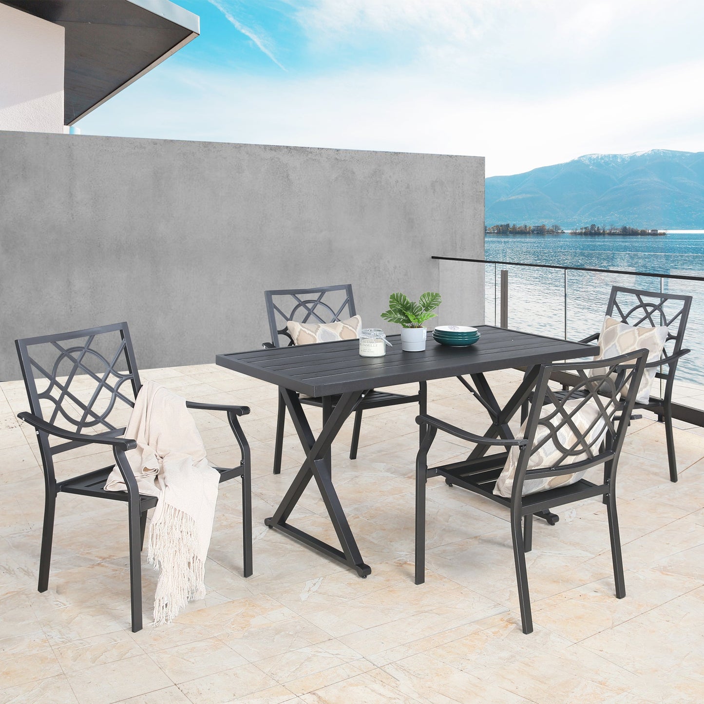 Ulax Furniture Rectangular Patio Metal Dining Table with Steel Slatted Wooden Textured Tabletop, Cross Legs and 1.57” Umbrella Hole