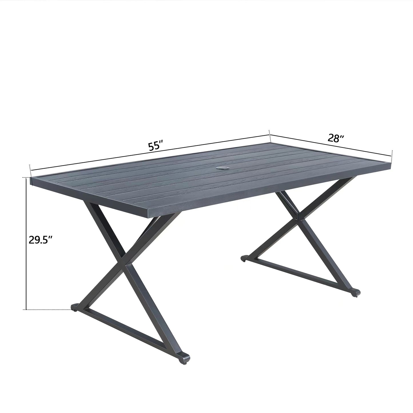 Ulax Furniture Rectangular Patio Metal Dining Table with Steel Slatted Wooden Textured Tabletop, Cross Legs and 1.57” Umbrella Hole