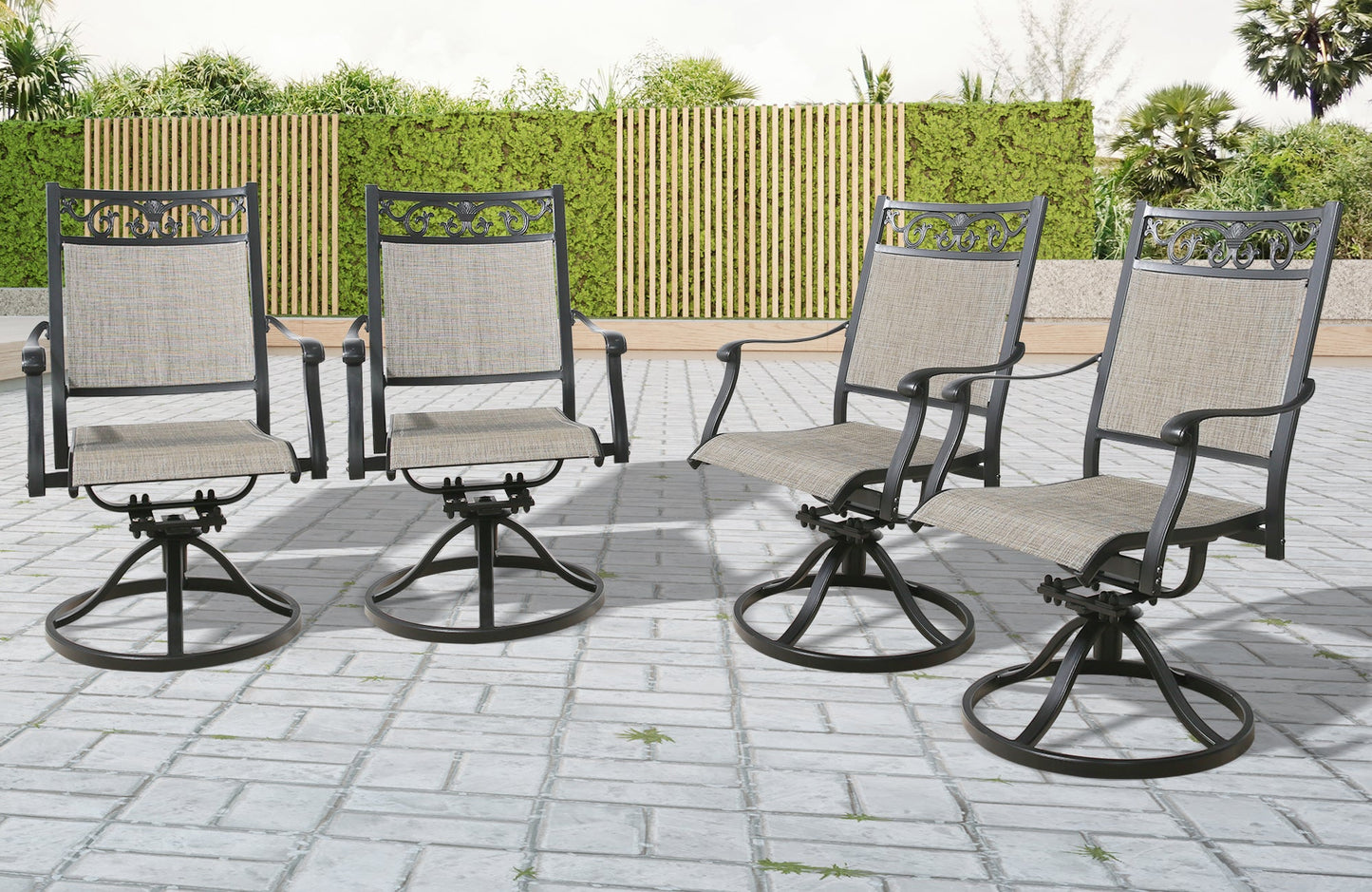 Cast Aluminum Patio Swivel Dining Chairs Outdoor Slight Rocking Chairs with Textilene Sling Seat and Back, Set of 4