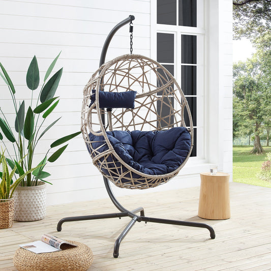 Indoor Outdoor Wicker Hanging Basket Swing Chair Tear Drop Egg Chair with Cushion and Stand (Navy-Upgrade)