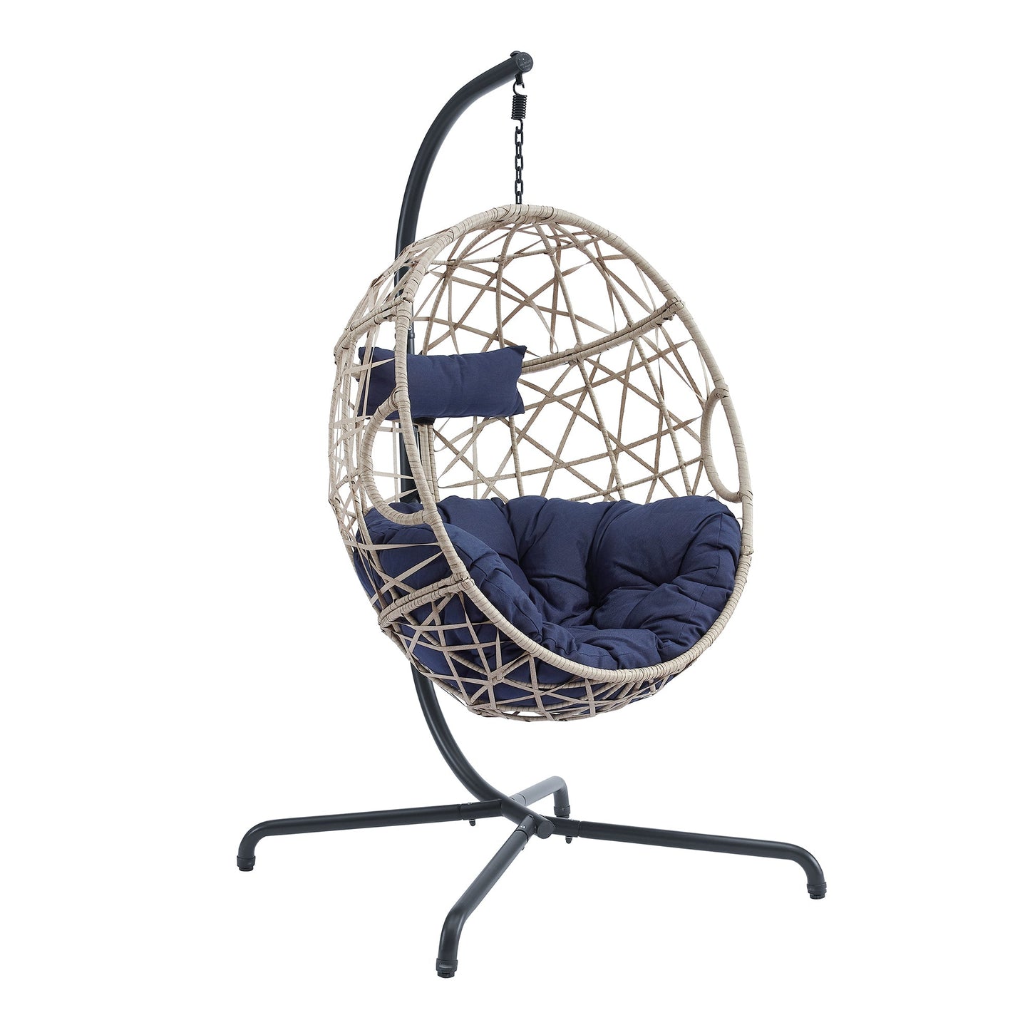 Indoor Outdoor Wicker Hanging Basket Swing Chair Tear Drop Egg Chair with Cushion and Stand (Navy-Upgrade)