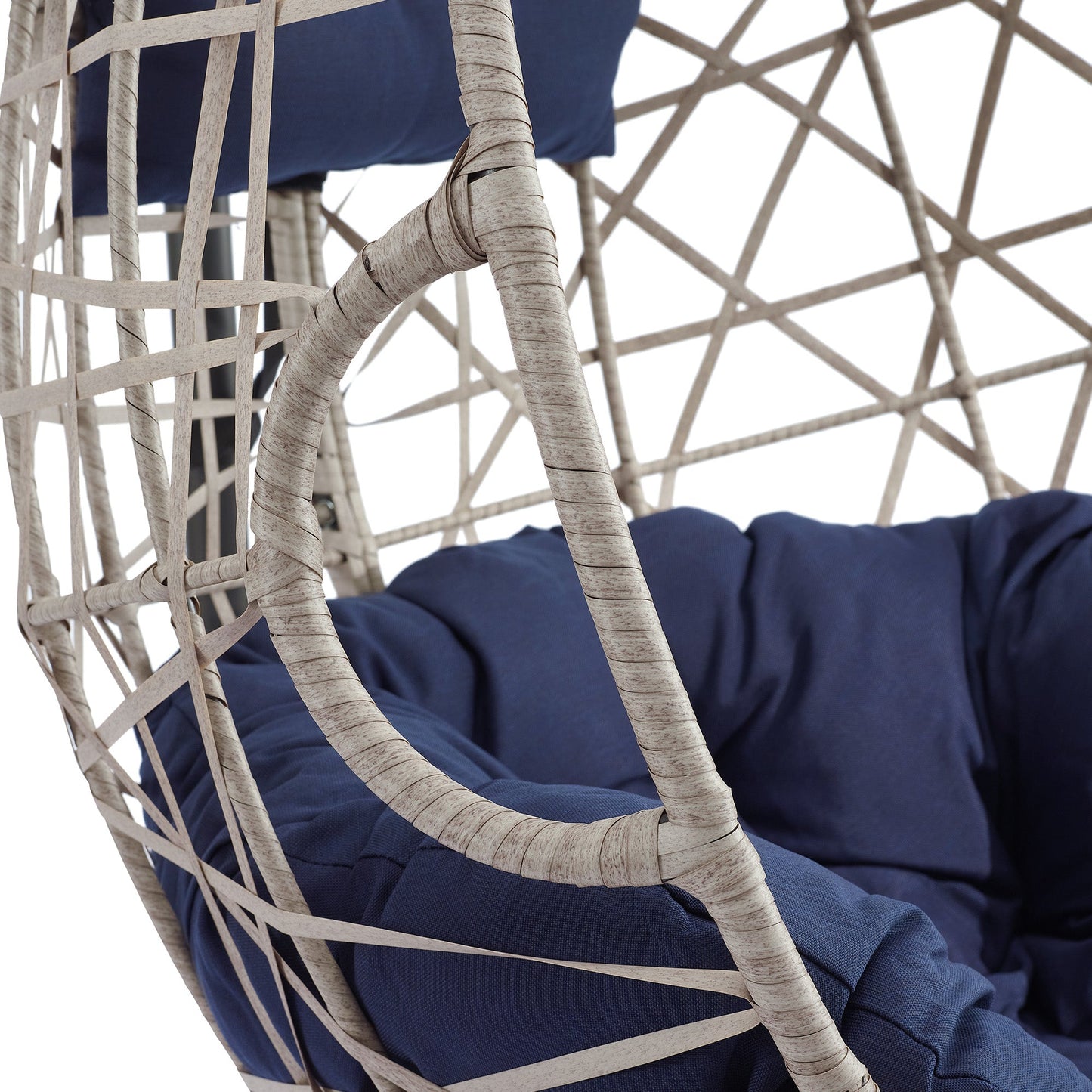 Indoor Outdoor Wicker Hanging Basket Swing Chair Tear Drop Egg Chair with Cushion and Stand (Navy-Upgrade)