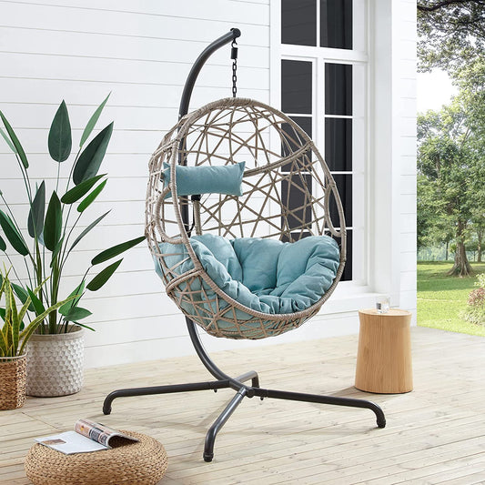 Patio Wicker Hanging Basket Swing Chair Indoor Outdoor Rattan Teardrop Chair Hammock Egg Chair with Stand and Cushion (Mist)