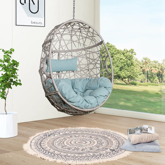 Outdoor Patio Wicker Hanging Basket Swing Chair Tear Drop Egg Chair with Cushion (Blue)