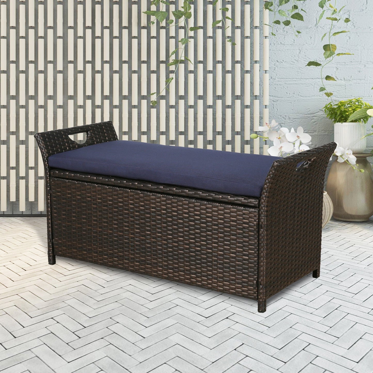 Outdoor Wicker Storage Bench Patio Furniture Rattan Deck Storage Bin with Cushion (Navy)