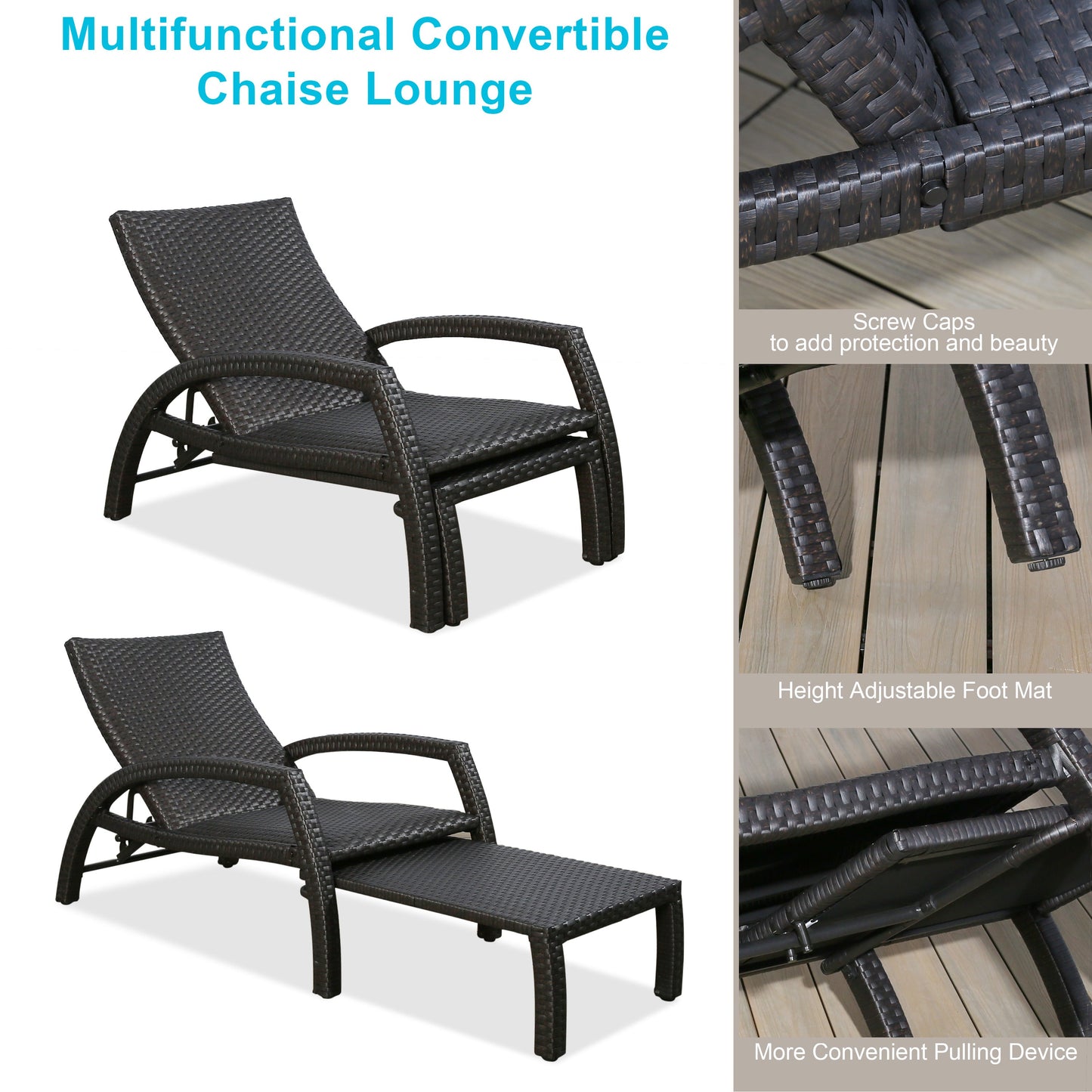 Outdoor Wicker Convertible Chaise Lounge Patio Woven Padded 2-Pack Aluminum Lounger Adjustable Chair with Quick Dry Foam