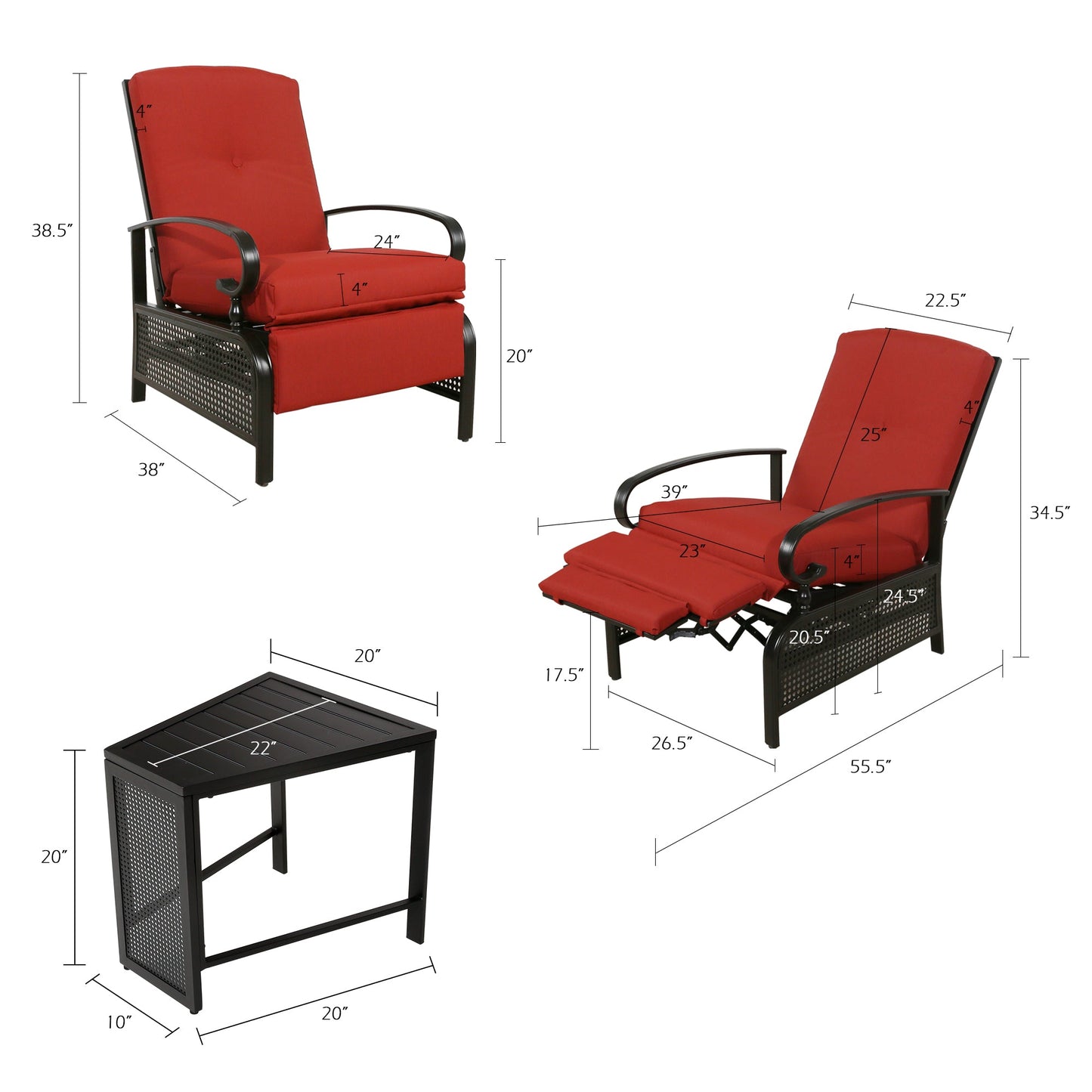 3 Pieces Outdoor /Indoor Recliner Set and Steel Side Table, Patio Furniture set Conversation Set with 2 Adjustable Reclining Lounge Chairs and Olefin Cushions（Red）